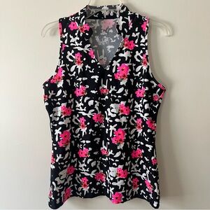 Tzu Tzu Sleeveless Golf Shirt Women's Large Black Neon Floral Split Neck